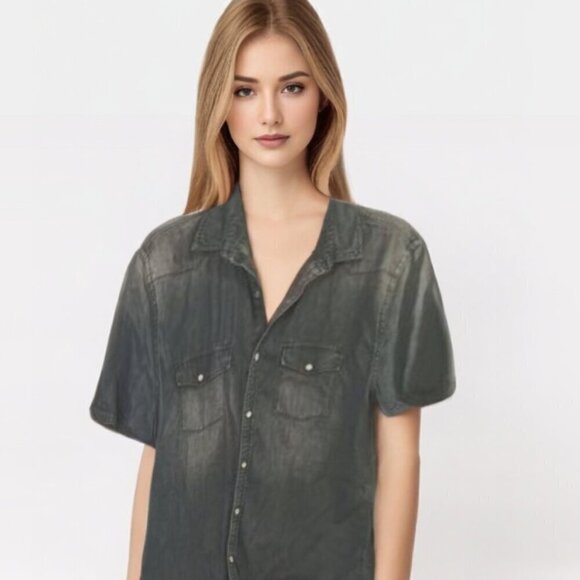 Express Western Denim Womens pearl snap buttons short sleeve shirt Size Large - Picture 1 of 9